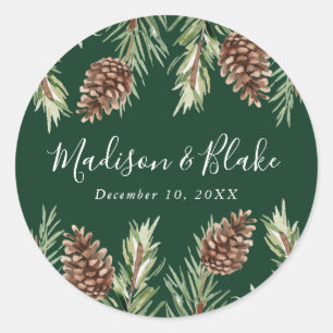 Sticker Rond Mariage Vert en Aquarelle d'Hiver au Cône de Pin