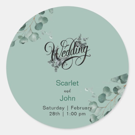 Sticker Rond Mariage vert eucalyptus de sauge d'aquarelle moder (Devant)