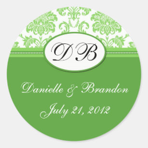 Sticker Rond Mariage vert Monogramme Damask Seal