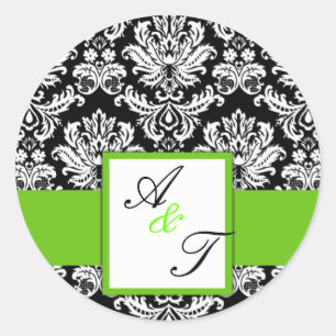 Sticker Rond Mariage vert Monogramme Damask Seal