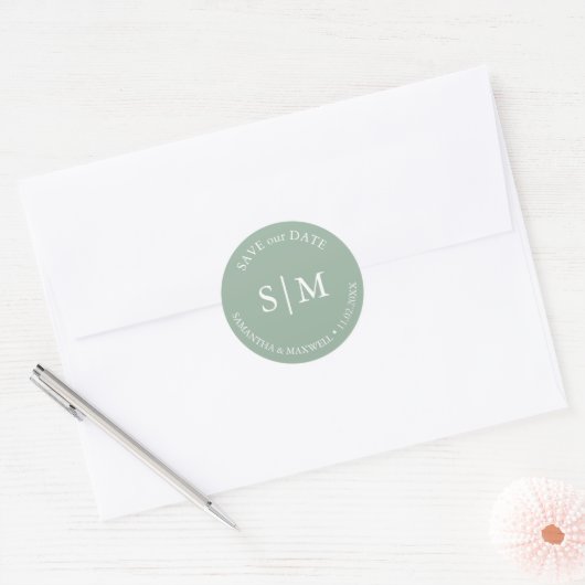 Sticker Rond Mariage vert Sage Monogrammé (Enveloppe)