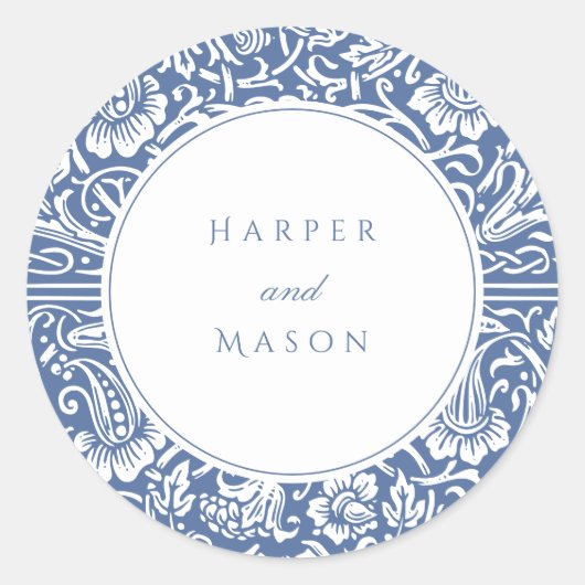 Sticker Rond Mariage Vintage Bleu William Morris (Devant)