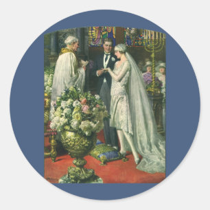 Sticker Rond Mariage vintage, Mariée et Salle avec Menorah