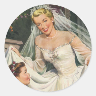 Sticker Rond Mariage Vintage, Mariée Rétro avec Fille aux Fleur