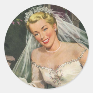 Sticker Rond Mariage vintage, Mariée rétro avec Flower Girl