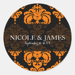 Sticker Rond Mariage Vintage Orange et Noir Damassé Cadeau de R