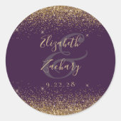 Sticker Rond Mariage Violet Écriture Paillettes Dorées (Devant)