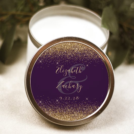Sticker Rond Mariage Violet Écriture Paillettes Dorées