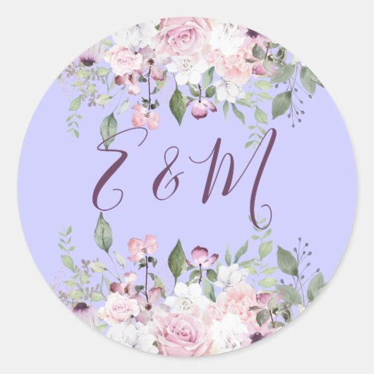 Sticker Rond Mariage violet Floral Monogramme été (Devant)