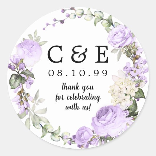 Sticker Rond Mariage violet Floral Monogramme Merci (Devant)