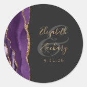 Sticker Rond Mariage Violet Or Foncé Agate Géode Script (Devant)