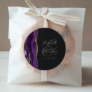 Sticker Rond Mariage Violet Or Foncé Agate Géode Script