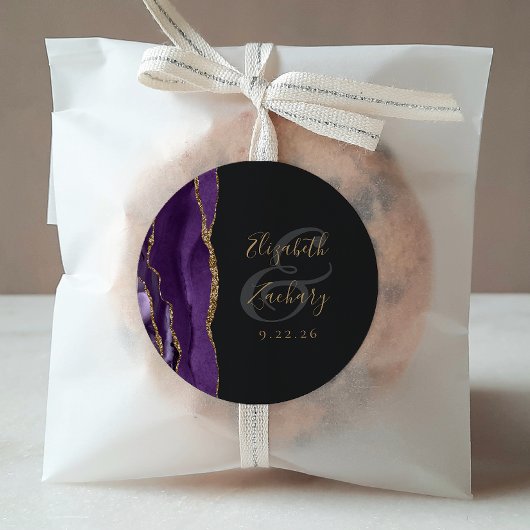 Sticker Rond Mariage Violet Or Foncé Agate Géode Script