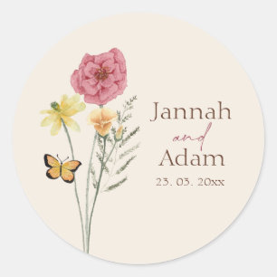 Sticker Rond Mariage Whimsical Fleur sauvage rose simple