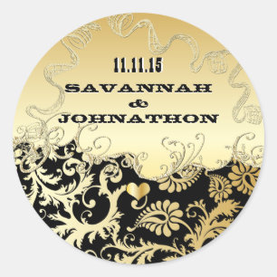 Sticker Rond Mariages en noir et or damassé vintage musique