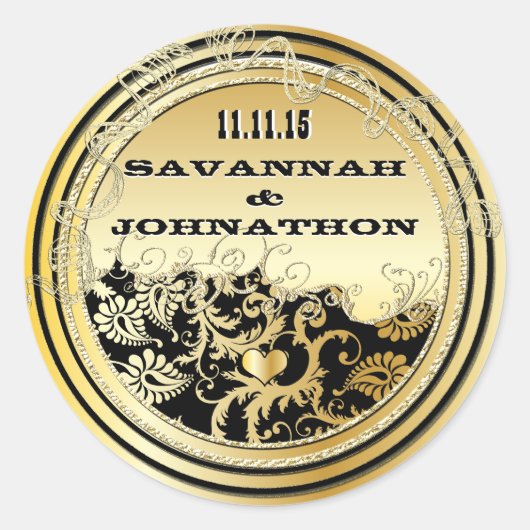 Sticker Rond Mariages musicaux Black & Gold Vintage Damask (Devant)