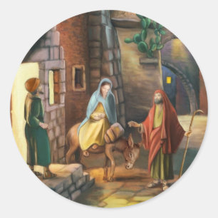 Sticker Rond Marie et Joseph avec un âne le soir de Noël