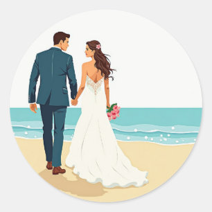 Sticker Rond Mariée et marié à la plage