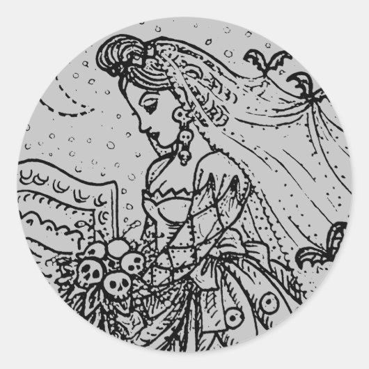 STICKER ROND MARIÉE GOTH D'HALLOWEEN, CHAUVES-SOURIS, VOILE, BO (Devant)