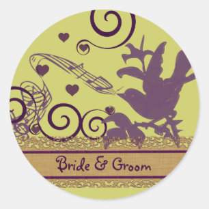 Sticker Rond Mariée & Mari Oiseau Tourbillon Mariage Violet & V