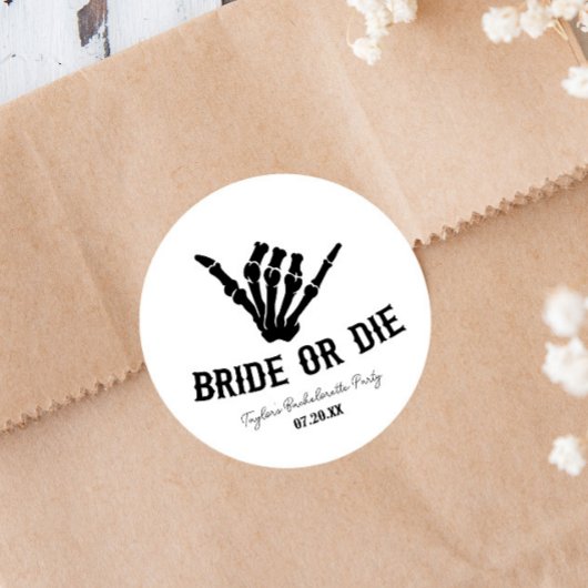 Sticker Rond Mariée ou mort Rockstar Skeleton Bachelorette Part