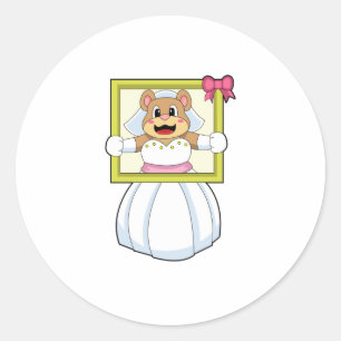 Sticker Rond Mariée Ourse avec robe de mariée & cadre photo.p