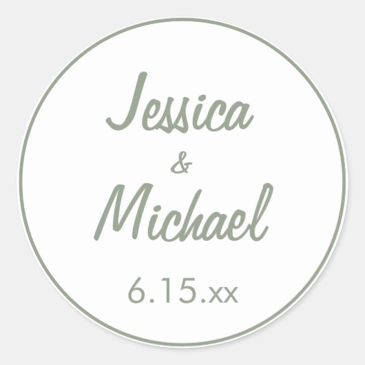 Sticker Rond Mariée Verte Sage Époux Script Mariage (Devant)