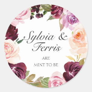 Sticker Rond Mariés à la Menthe Prune Fleurs Aquarelles Mariage