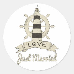 Sticker Rond Mariés à l'instant Navire Ancre Mariage Tan