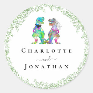 Sticker Rond Mariés dinosaures drôles personnalisés pour mariag