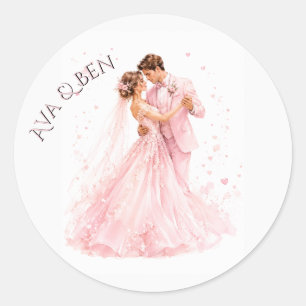 Sticker Rond Mariés rose et mariée dansant Mariage