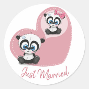 Sticker Rond Mariés Rose Ours en Peluche Panda Coeur Mariage