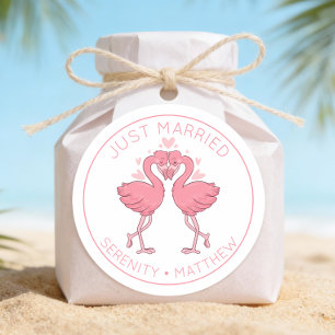 Sticker Rond Mariés tout juste Flamants roses Mariage tropical