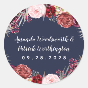 Sticker Rond Marine Automne Marsala Blush rose Peony Mariage Fa