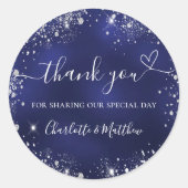 Sticker Rond Marine bleu argent coeur parties scintillant merci (Devant)
