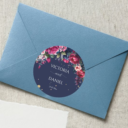 Sticker Rond Marine bleu bordeaux rose roses mariage