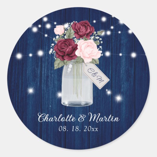 Sticker Rond Marine Bleu Bourgogne Blush Mason Jar Mariage Flor (Devant)