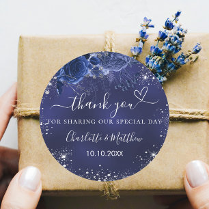 Sticker Rond Marine bleu fleurs argent mariage merci