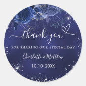 Sticker Rond Marine bleu fleurs argent mariage merci (Devant)