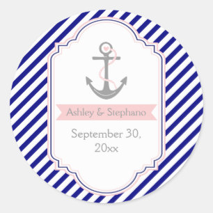 Sticker Rond Marine bleu, mariage nautique rose Enregistrer la 