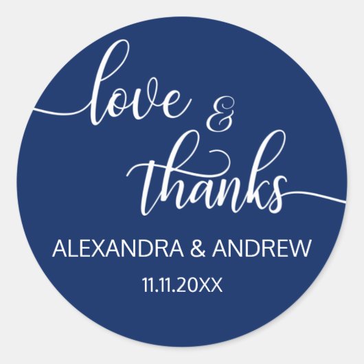 Sticker Rond Marine Bleu Script Mariage Amour & Merci (Devant)