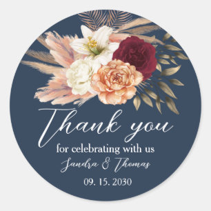 Sticker Rond Marine Blue Boho Peach Floral Mariage Merci