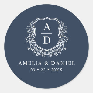 Sticker Rond Marine Blue Crest Moderne Monogramme Mariage