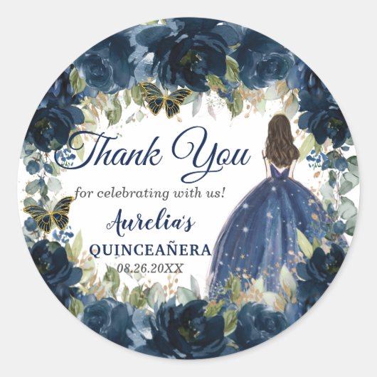 Sticker Rond Marine Blue Floral Princess Butterflies Favoriser (Devant)