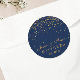 Sticker Rond Marine Blue & Glam Gold Confetti Mariage Faveur
