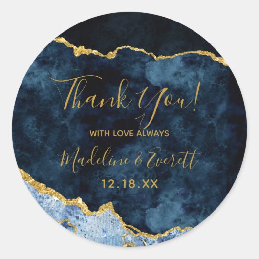 Sticker Rond Marine Blue Gold Foil Marbre Agate Mariage Merci (Devant)