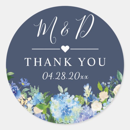 Sticker Rond Marine Blue Hydrangeas Floral Mariage Merci (Devant)
