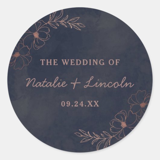 Sticker Rond Marine Blue & Rose Gold Foil Monogramme Rustique M (Devant)