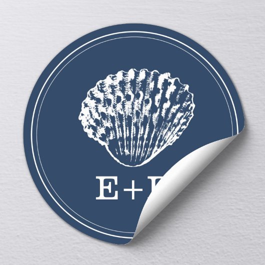 Sticker Rond Marine Blue Seashell Beach Mariage Faveur