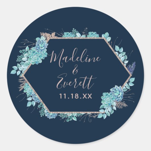 Sticker Rond Marine Blue Succulents & Rose Gold Monogram Mariag (Devant)